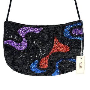 Vintage 80's Blk Sequin Beaded Abstract Design Crossbody Purse New w/ Tag